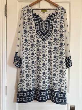 Sigrid Olsen Tunic Kaftan Medium Dress Cover Blue White Embroidery Boho Artsy 12